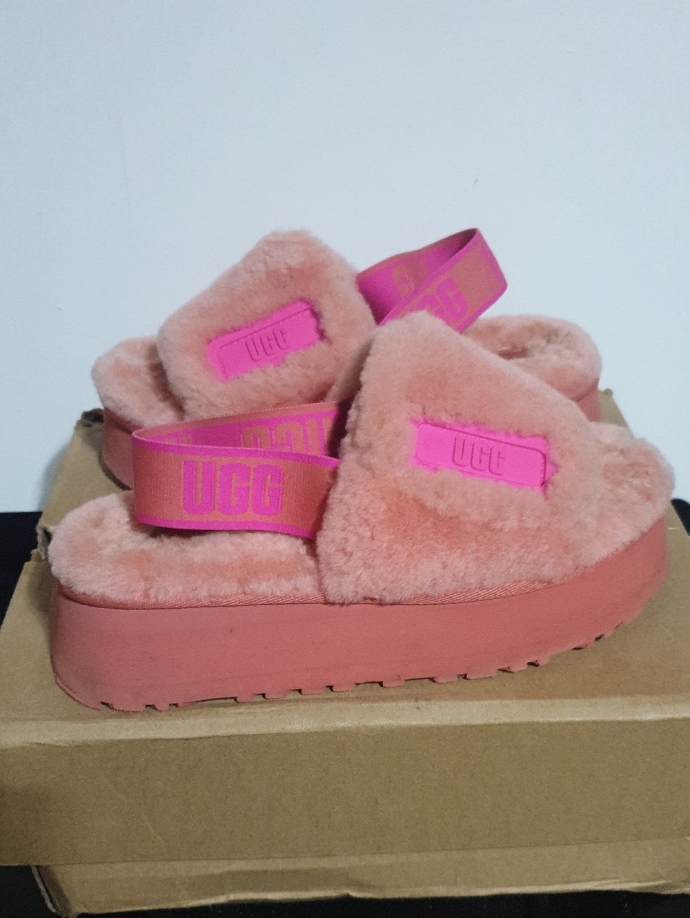 UGG Coral Pink Fluffy Slide Sandals with Hot Pink Logo Strap